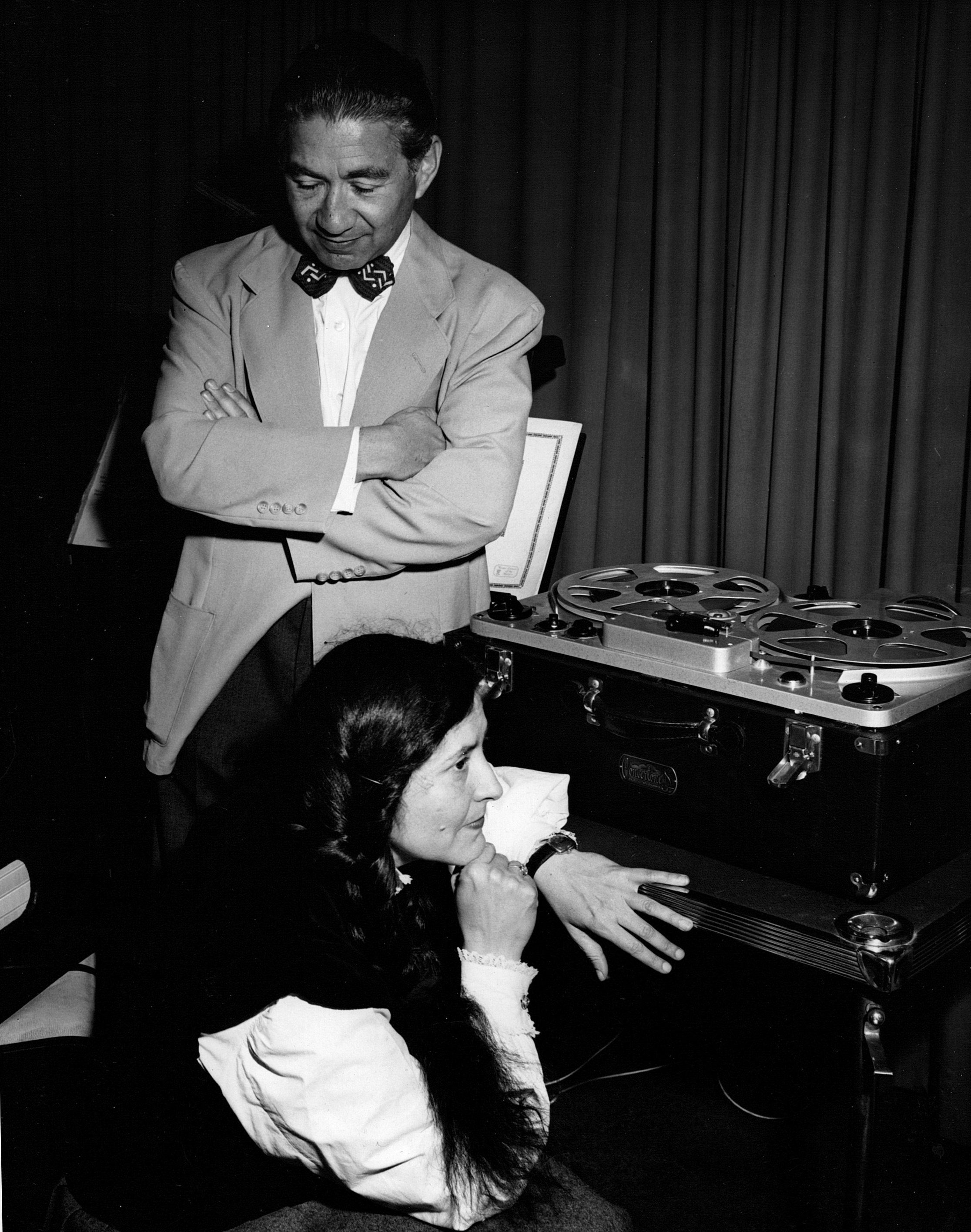 Henri Temianka and Lili Krauss audition a recording of their Beethoven sonata performance, ca. 1947.