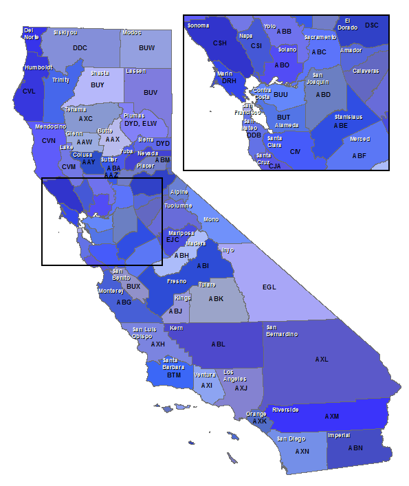 Map showing California USDA county codes