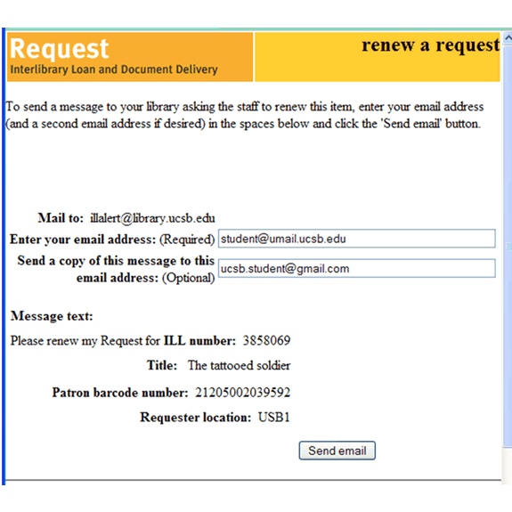 ILL renewal request send screen