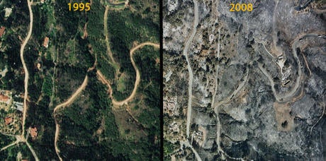 Before and after view of the Post Tea Fire at Mountain Dr, 1995, 2008.