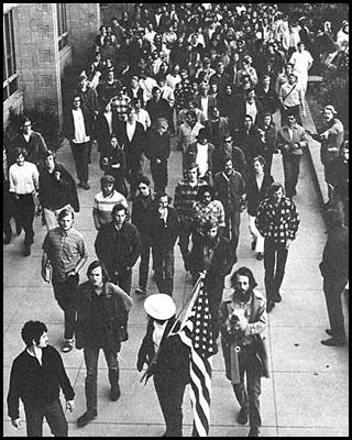 Protestors march through UCSB campus, 1970.