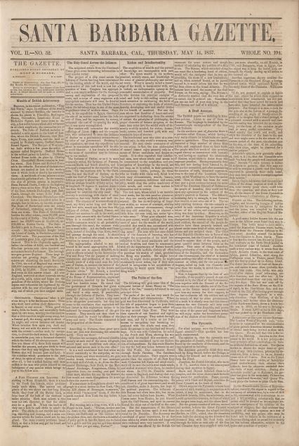 Front page of an issue of the Santa Barbara Gazette