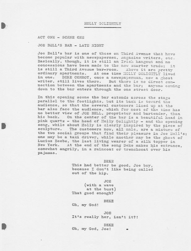 First page of Nunnally Johnson's typescript for Holly Golightly, the musical version of Breakfast at Tiffany’s 