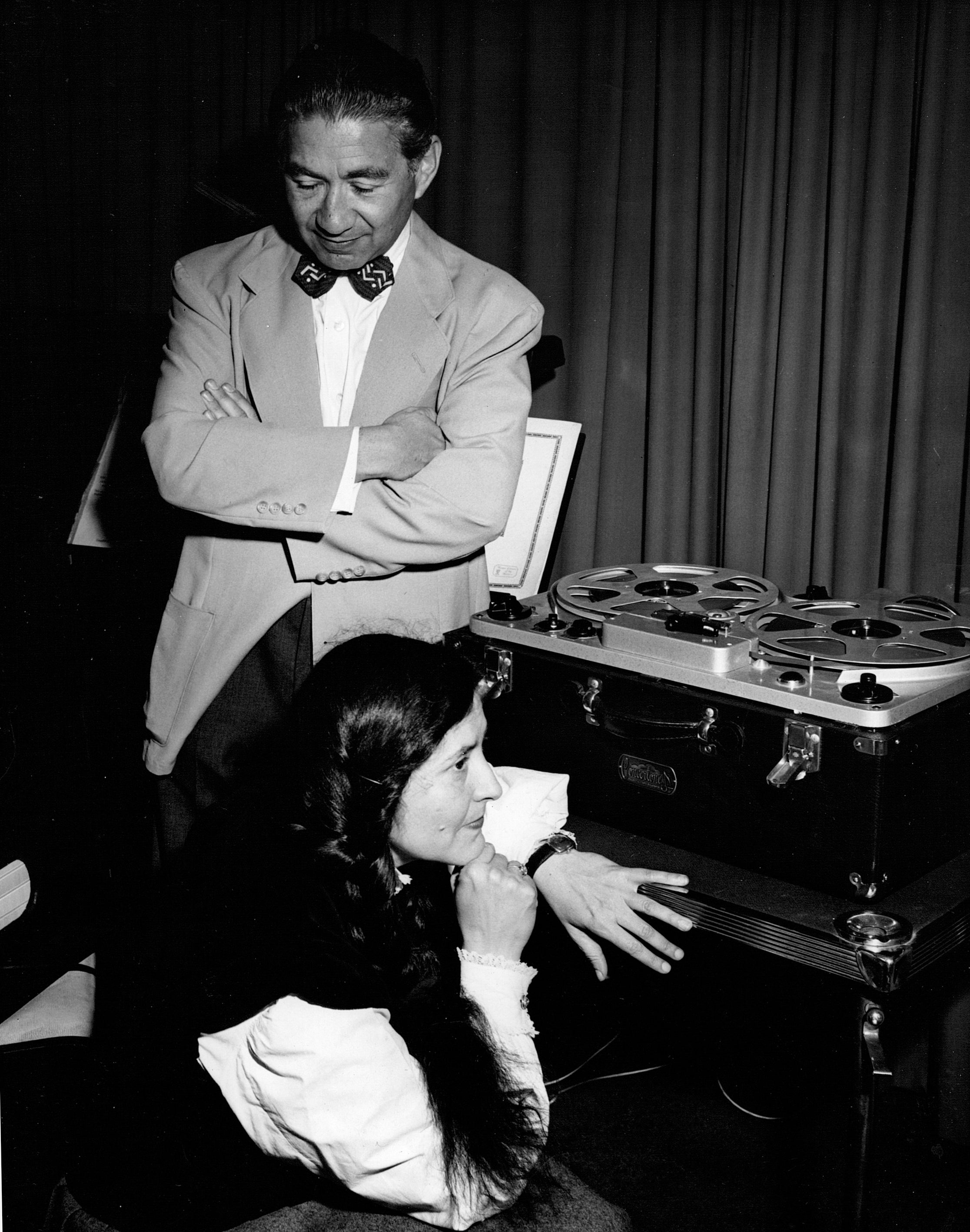 Henri Temianka and Lili Krauss audition a recording of their Beethoven sonata performance, ca. 1947.