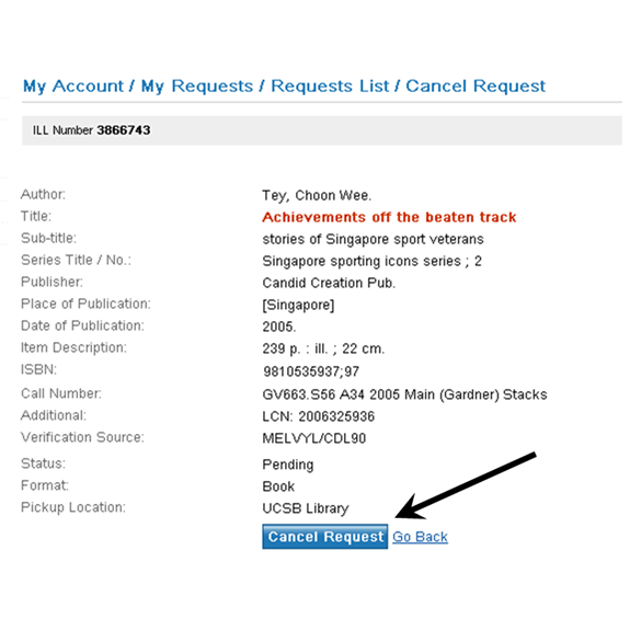 ILL request screen, how to cancel request