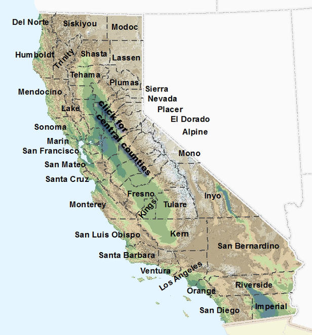 Clickable map of California counties, equal to the alphabetical list below.