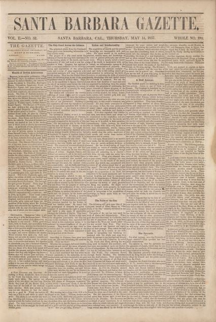 Front page of an issue of the Santa Barbara Gazette