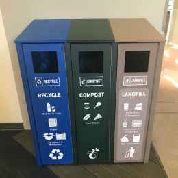 Trash, recycle, and compost bins at the UCSB Library.