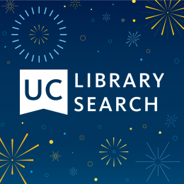UC Library Search logo with fireworks in the background