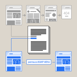 Illustration of simple web pages showing link rot and perma.cc snapshot of web content