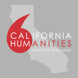 California Humanities logo over outline of California