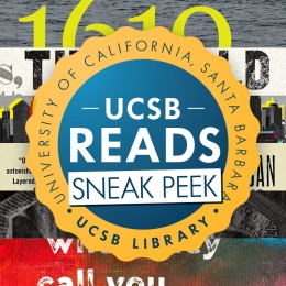 UCSB Reads 2021 logo on top of book spines