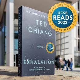 A copy of Exhalation sits outside the UCSB Library.