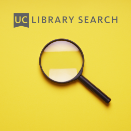 A magnifying glass on a yellow background with UC Library Search logo