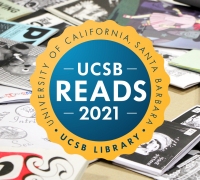 UCSB Reads logo in the middle with zines on a table in the background