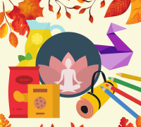 icons of yoga, snacks, origami and coloring surround by leaves