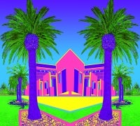 mirrored image of library, brightly colored