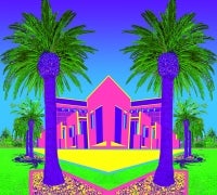 mirrored image of library, brightly colored