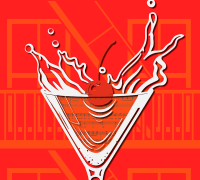 illustration of a cherry falling into a martini glass with a musical score