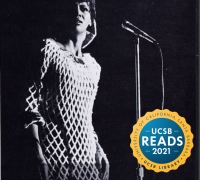 photo of a woman singing with UCSB Reads badge in bottom right corner.