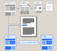 Illustration of simple web pages showing link rot and perma.cc snapshot of web content