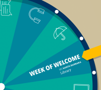 A spinning wheel in alternating colors with icons of chat, headphones, an umbrella, and a laptop. A yellow arrow points to the text Week of Welcome and the UC Santa Barbara Wordmark.