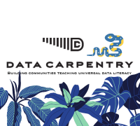 ecology data carpentry logo with blue tropical flowers and leaves along the bottom half. A Python logo is on the right side of the square. 
