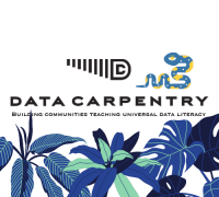 ecology data carpentry logo with blue tropical flowers and leaves along the bottom half. A Python logo is on the right side of the square.