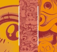 three vertical rectangles of a close up on an eye, many demons, and a demon and a boy