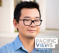 William Wang headshot with Pacific Views Logo overlay