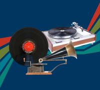 Redoubtable disc event logo. Includes a record and record player.