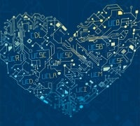 A circuit board heart with UC campus names