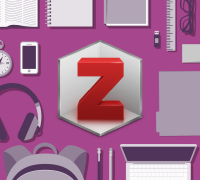 Illustration of a grid of items around a red Z in a grey cube