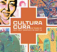 A red-orange cross over four diverse screen prints. On the cross are the words Cultura Cura 50 Years of Self Help Graphics in East LA