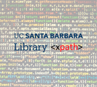  black UCSB Library logo with code in background