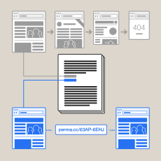 Illustration of simple web pages showing link rot and perma.cc snapshot of web content