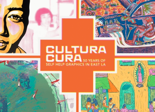 Cultura Cura exhibition graphic detail of four prints separated by an orange cross with the words Cultura Cura 50 Years of Self Help Graphics in East LA centered in white