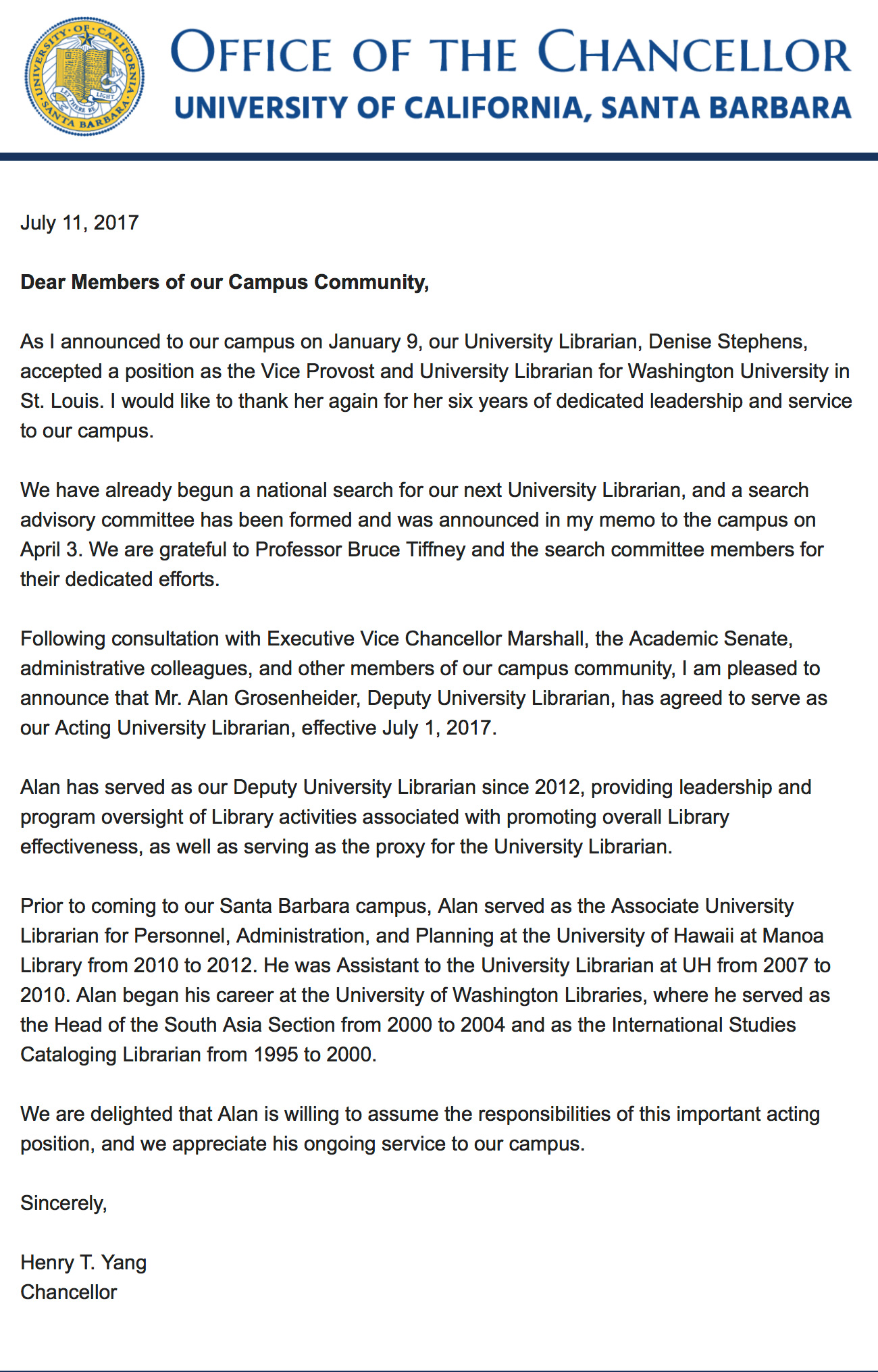 Image of Chancellor Henry T. Yang's letter to campus regarding the appointment of Alan Grosenheider as Acting University Librarian.